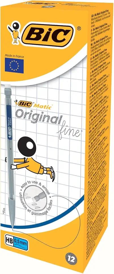 BIC 820958 Druckbleistift Matic, 0,5 mm, HB, sortierte Clipfarben, inklusive drei Minen, Schachtel à 12 Stück, hellgrau