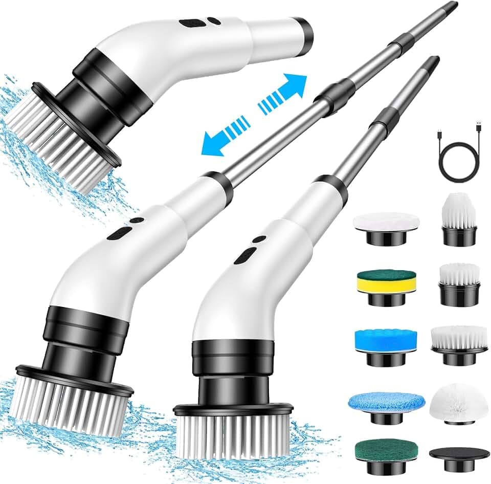 Elektrische Reinigungsbürste, 9 in 1 Elektrische Reinigungsbürste Haushalt 2 Modi Elektrischer Spin Scrubber Electric Cleaning Brush mit 34-130cm, Duschreiniger Bürste für Bad Küche fliesenund Auto