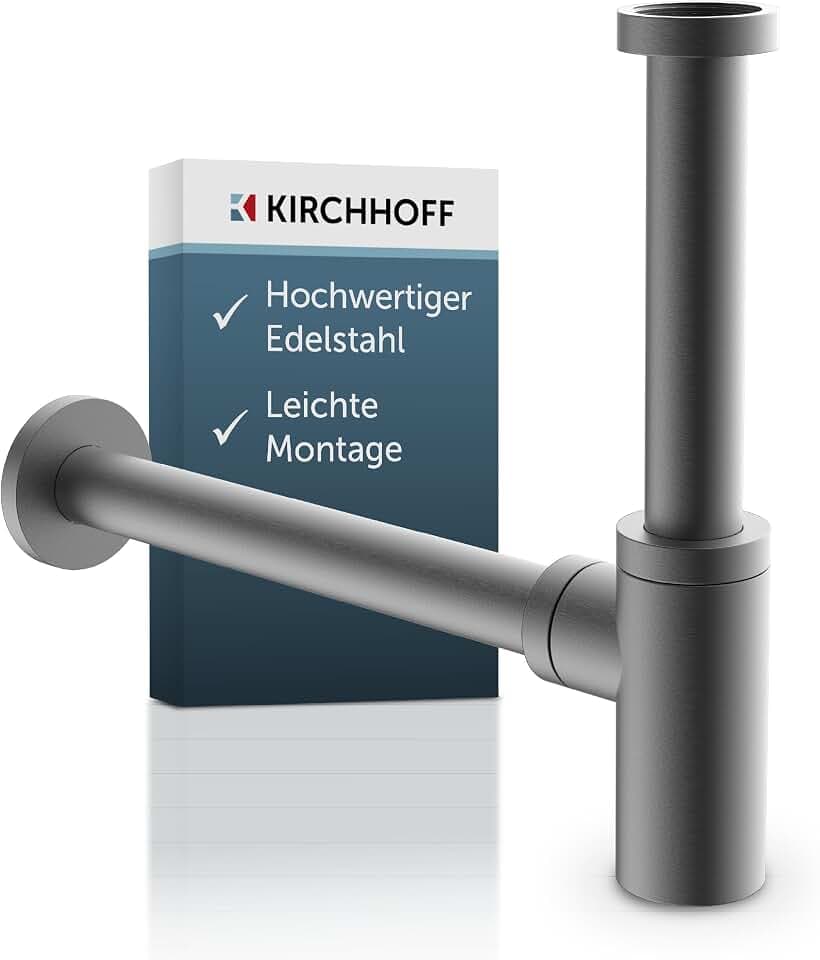 KIRCHHOFF Design Siphon, Matt Graphit Abfluss, Ablaufgarnitur für Waschbecken und Waschtisch, Geruchsverschluss mit Reinigungsöffnung, Flaschensiphon, Abflussrohr, Graphit matt, 98028104