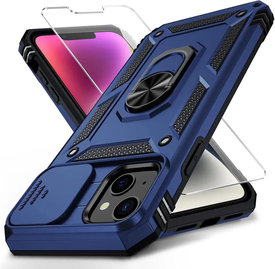 for iPhone 14 Plus Case with Camera Lens Cover, HD Screen Protector, 10 FT Military Grade Drop Protection, Magnetic Ring Holder Kickstand Protective Phone Case, Navy Blue