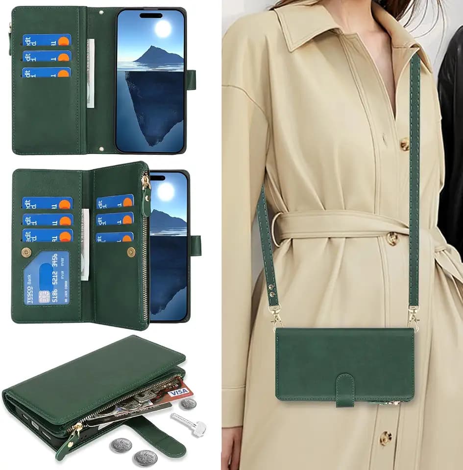 CAVOR Handykette Handyhülle kompatibel mit iPhone 16 Plus Hülle Mit Band,Flip Geldbörse Leder Handytasche,[9 Kartenfach] Tasche Handyhüllen mit Umhängeband für Frauen - Dunkelgrün
