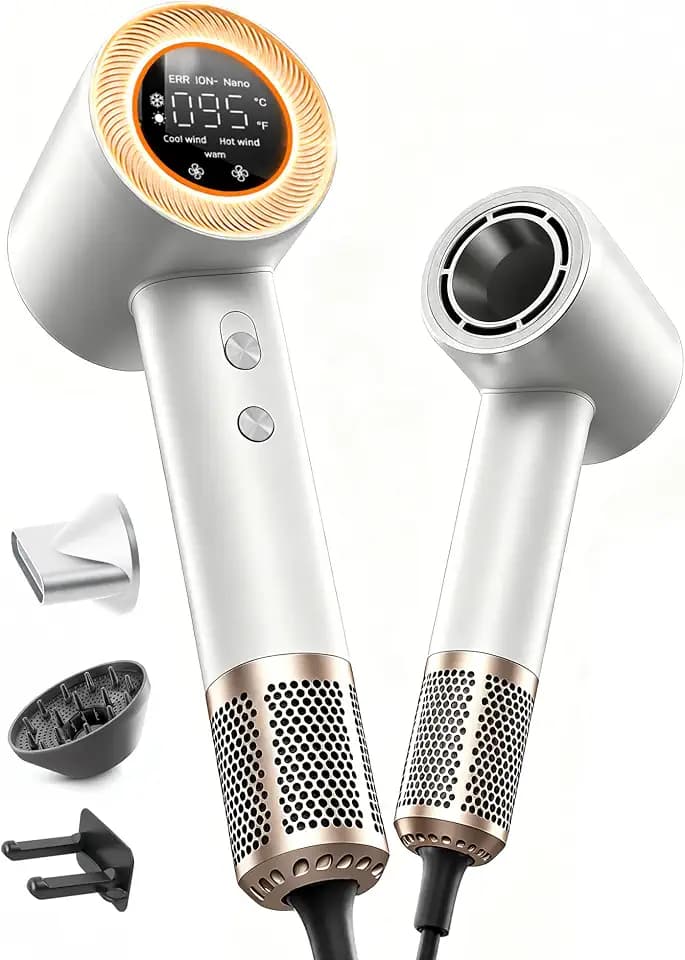 Föhn mit Diffusor, 160.000 U/min Ionen Haartrockner, 59 dB leiser Haarföhn mit 4 Temperaturstufen, 2 Geschwindigkeiten, HD-Display, Konzentratordüse, für Locken & schnelles Trocknen,Weiß