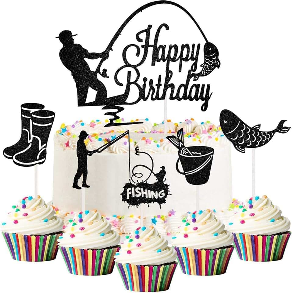 Angler Cake Topper, 6 Stücke Happy Birthday Tortendeko Fische Angeln Kuchen Deko Geburtstag, Angler Tortenaufleger für Kuchen DIY Deko für Jungen Mann Geburtstagsparty