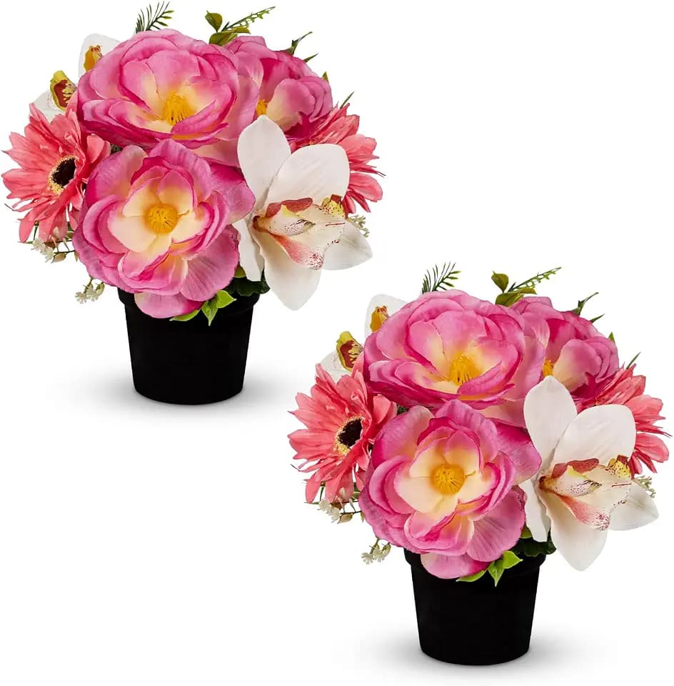Hollyone 2Pcs Artificial Cemetery Flowers for Grave in Vase Silk Rose Lily Flower Arrangements Cemetery Decorations Memorial Flowers with Pot for Outdoor Headstones Decoration Pink
