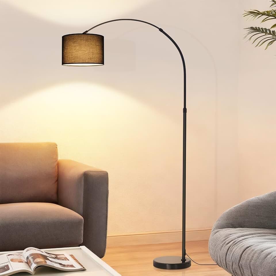 ZMH Bogenlampe Wohnzimmer Stehlampe - Stoffschirm Ø30 cm Stehleuchte 181CM | mit Marmorsockel Ø26 cm E27 Fassung max. 40W IP20 Eisen Lampenständer Sofa Leseecke,Schwarz, ohne Leuchtmittel