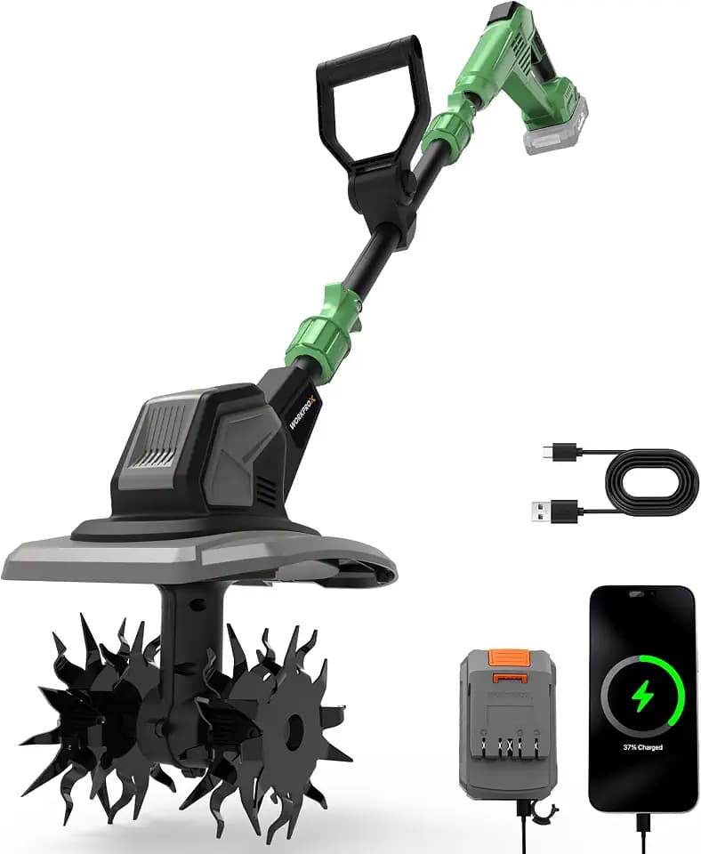 WORKPROX 20V Cordless Tiller Cultivator, Electric Garden Rototiller