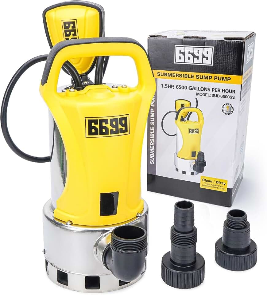 1.5HP Sump Pump Submersible Utility Pump 6500GPH High Flow Stainless Steel Water Pump Water Removal from Pool Basement Sump Pit Garden Pond Hot Tub SUB 6500SS
