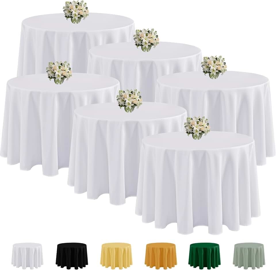 Fitable 6 Pack White Round Tablecloths - 108 Inches in Diameter