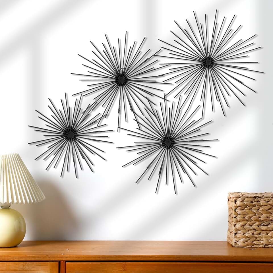 Shimeyao 4 Pcs Black Starburst Wall Decor Metal 3D Spike Wall Art Set
