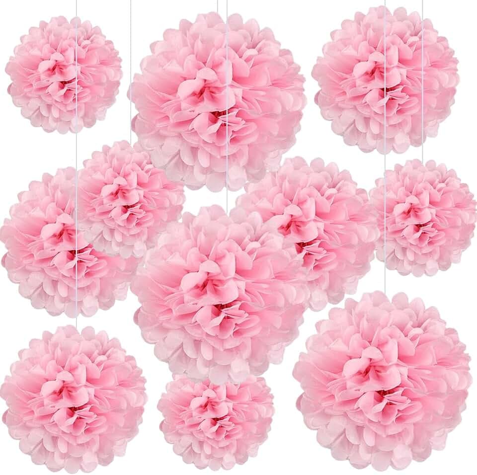 20 PCS Light Pink Tissue Paper Pom Poms, Tissue Pom Poms Flowers, Sizes of 6", 10", 12", 14" Hanging Paper Flower Ball for Wedding, Birthday, Gender Reveal, Valentines Party, Baby Shower Party Decor