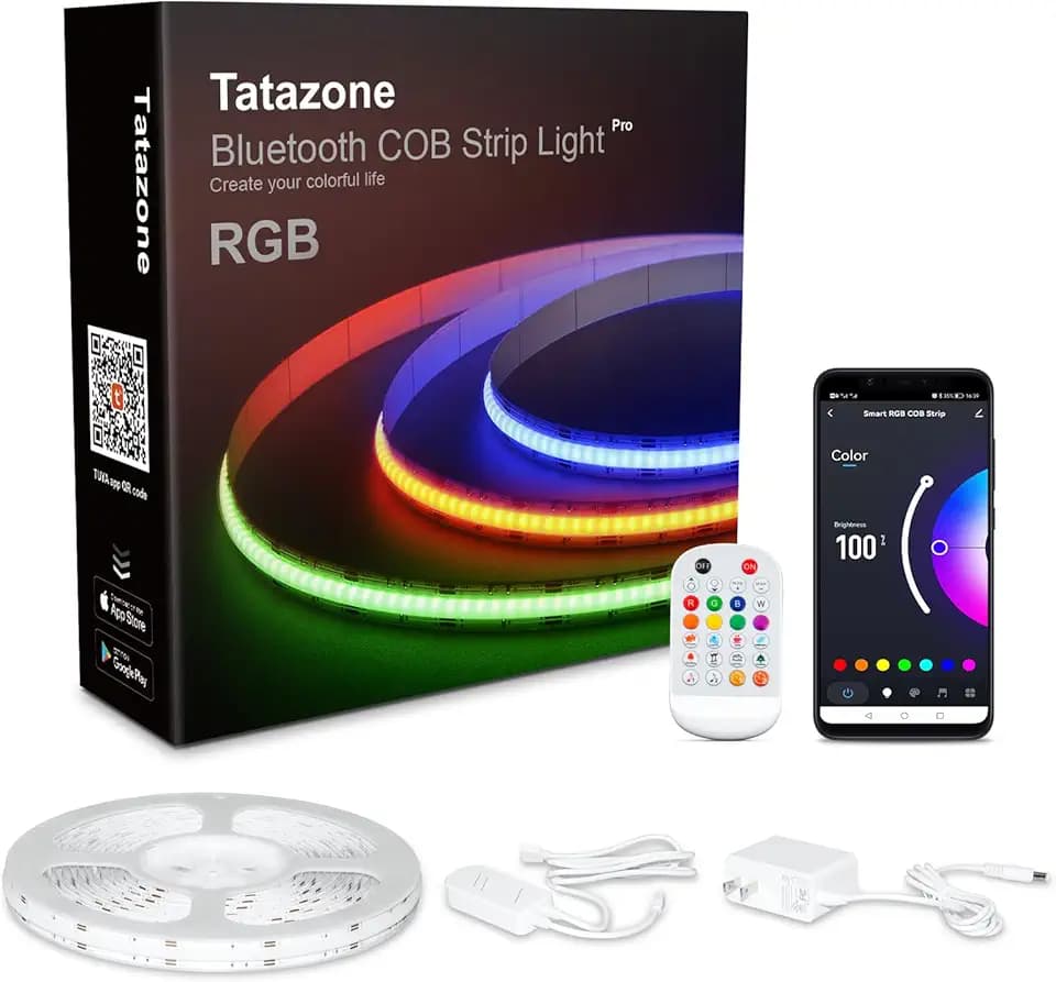 Tatazone 32.8ft Bluetooth RGB COB Led Strip Lights with Remote, Dimmable Smart App Led COB Light Strip, Color Changing Music Sync, Indoor RGB Led Lights for Bedroom, Home Decor, Party