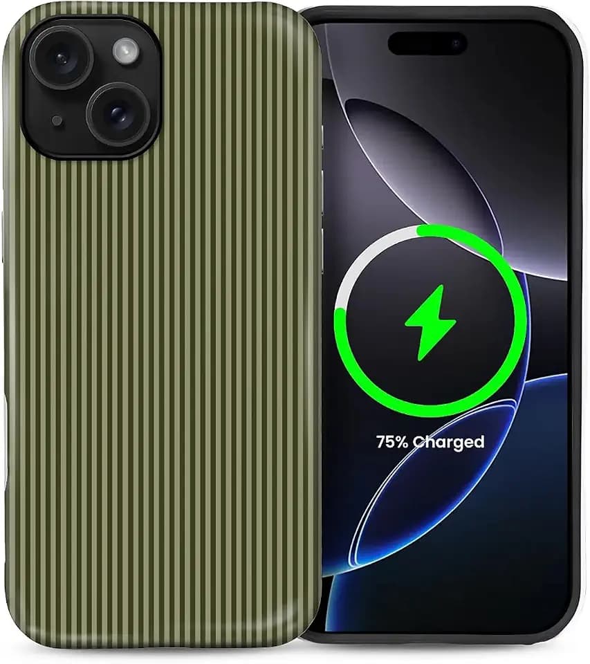 for iPhone 15 Plus Case,Compatible with MagSafe,Cute Striped Phone Case Shockproof Soft TPU and Hard PC Protective Phone Cover for Women Girls,Olive Green Striped