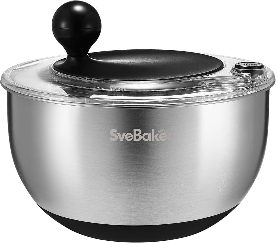 SveBake Salatschleuder Edelstahl, Stopptaste, Kurbelantrieb, 5L, Schwarz