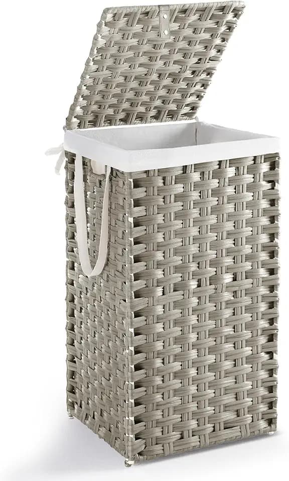 DUMOS Laundry Basket with Lid, 65L Wicker Laundry Hampers, Dove Gray