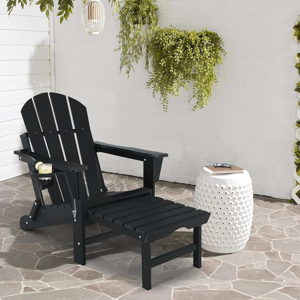 Folding Adirondack Chair with Retractable Ottoman - All Weather Resistant Fire Pit Chairs with Cup Holder, Outdoor Adirondack Chairs for Deck Patio Garden Backyard Lawn, Black