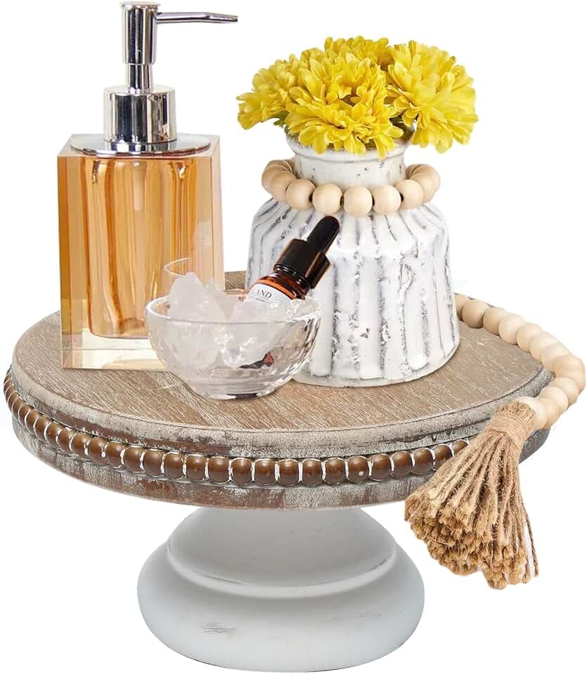dwellington White Wash Round Display Wood Riser, 8.25” Shabby Chic Pedestal Tray Decor with Beads, Farmhouse Display Stands for Small Items in Coffee Bar, Bathroom, Kitchen Island