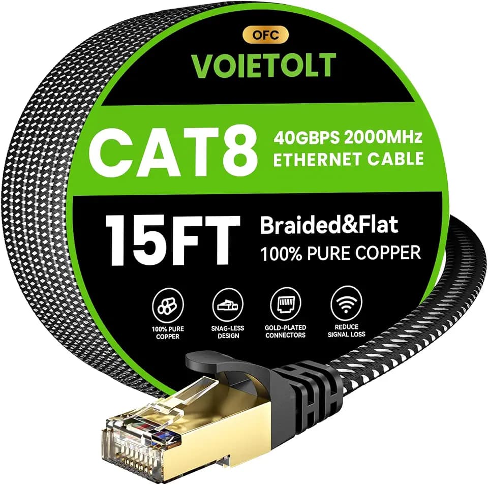 Cat 8 Ethernet Cable 15 FT Flat, High Speed 40Gbps 2000Mhz Braided Internet Cable with Gold Plated RJ45 Network LAN Cable SSTP, Heavy Duty Ethernet Cord Compatible for PS4/5, for Modems, PC/Laptop
