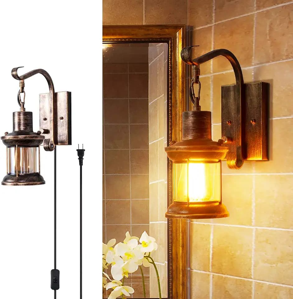 Yisuro Rustic Wall Light, 2-in-1 Antique Bronze Vintage Wall Light Fixture Plug in Industrial Glass Shade Lantern Lighting Retro Lamp Metal Wall Sconce for Home Bedroom Dining Room café(1 Pack)