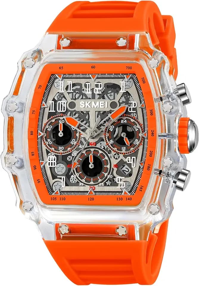SKMEI Watch for Men,5ATM Waterproof Unique Transparent Big Face Analog Mens Watches with Silicone Strap Chronograph Calendar Stopwatch