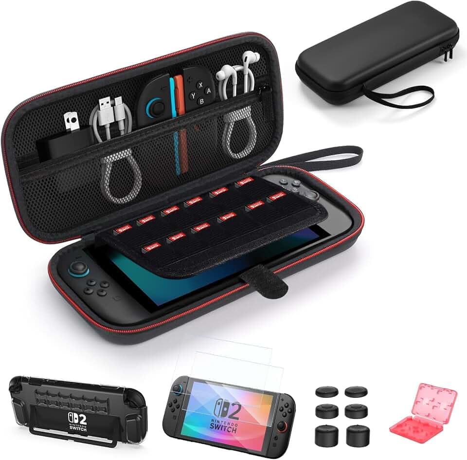 ByDiffer Tasche für Nintendo Switch 2 Zubehör Bundle Kit 14-in-1 mit 2 Schutzfolie, 1 PC Konsolen Schutzhülle, 6 Joystick Kappen, 1 Spielkartengehäus, 1 Schützende Tragetasche, Schwarz