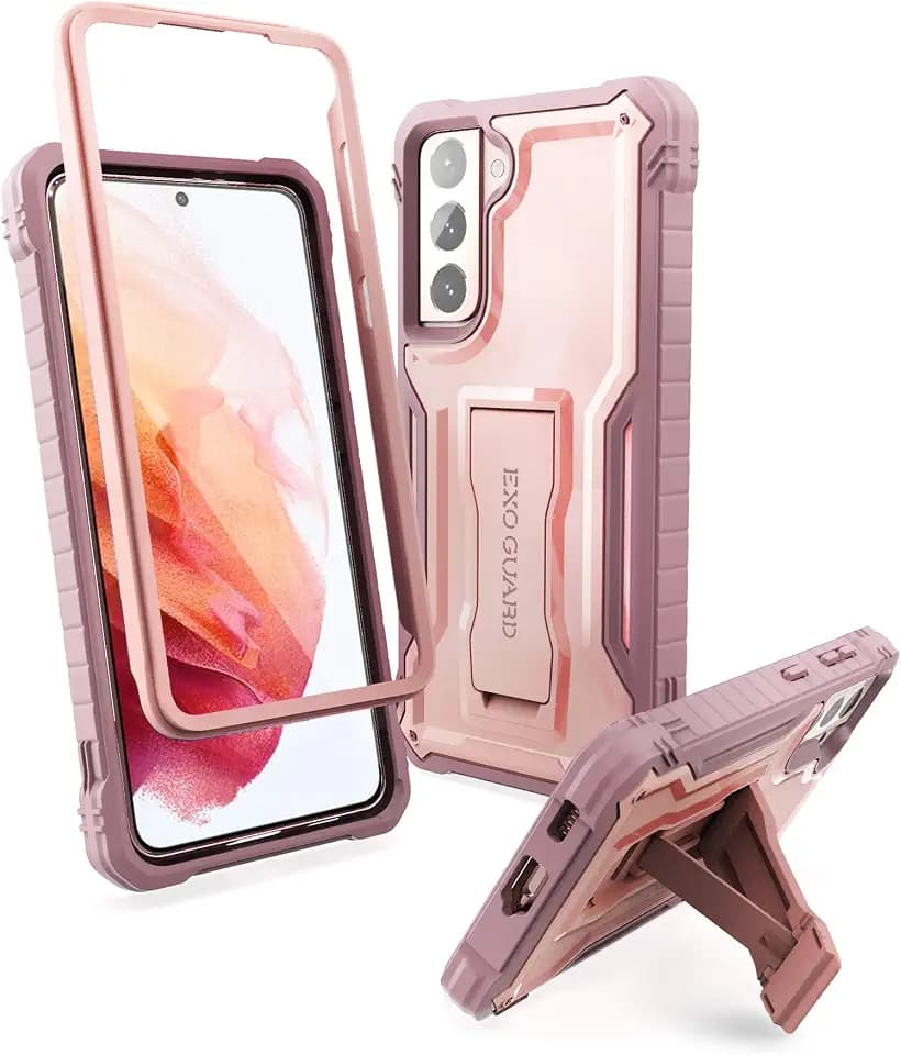 ExoGuard Samsung Galaxy S21 5G Hülle, Gummi Stoßfestes Vollkörper-Schutzgehäuse für Samsung S21 5G Telefon 6,2 Zoll, Integrierter Ständer Roségold