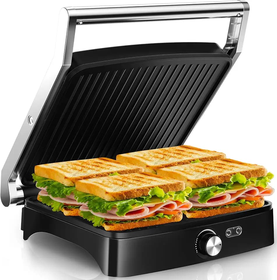YASHE Kontaktgrill 2000W, Panini Grill und Sandwichmaker für 4 Scheiben, Elektrogrill mit 180° Öffnung, Antihaftplatten, einstellbare Temperatur, Cool-Touch-Griff, Fettauffangschale, Edelstahl Silber