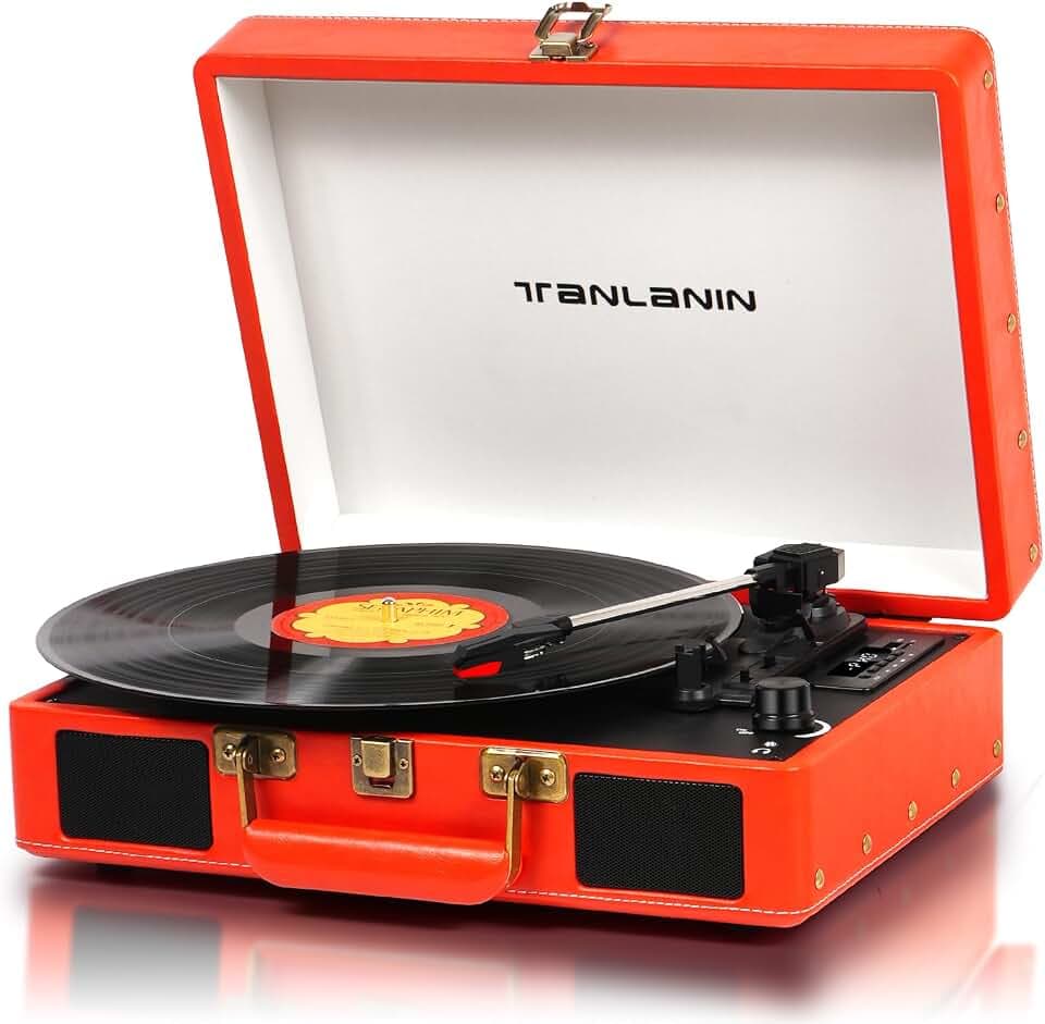 Portable Vinyl Record Player with Bluetooth and USB Recording, Vintage Suitcase Record Player with Built-in Stereo Speakers, 3-Speed Turntable, RCA/AUX/Headphone Jack, Orange