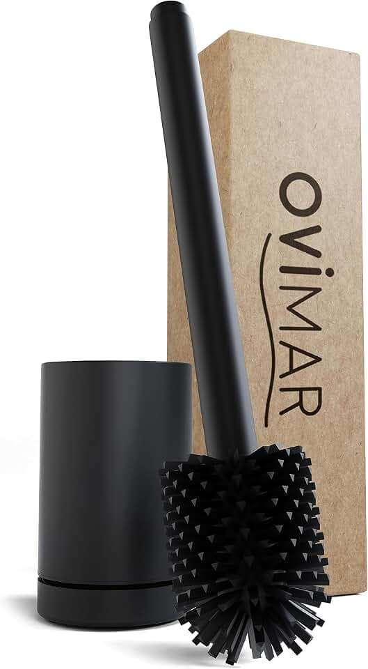 ovimar Toilettenbürste Tjome Schwarz | Silikon Klobürste | Belüftungsfunktion | frei stehend | Edelstahl WC Bürstenkopf | mit Tank für Reinigungsmittel | abnehmbare Tropfschale | WC Bürste