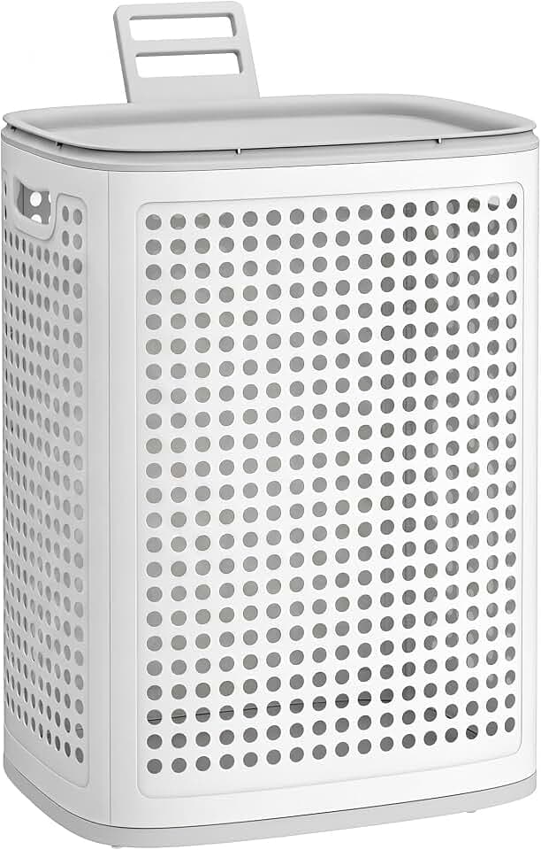 SONGMICS Wäschekorb mit Deckel, 75 L, Plastik, schmal, platzsparend