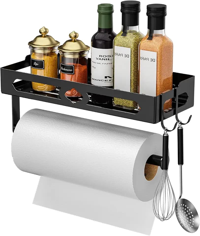 Wall Mount Paper Towel Holder with Shelf for Bathroom, Kitchen,Black 2Hooks