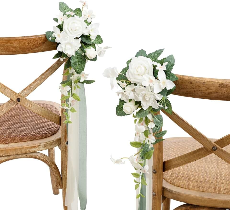 Ling's moment 8pcs Hochzeit Künstlicher Gang Kirchenbank Blumen Stuhl Dekorationen Weiß & Salbei Grün Arrangements mit Chiffon Bändern für Zeremonie Stuhl Rückenlehne Blumen