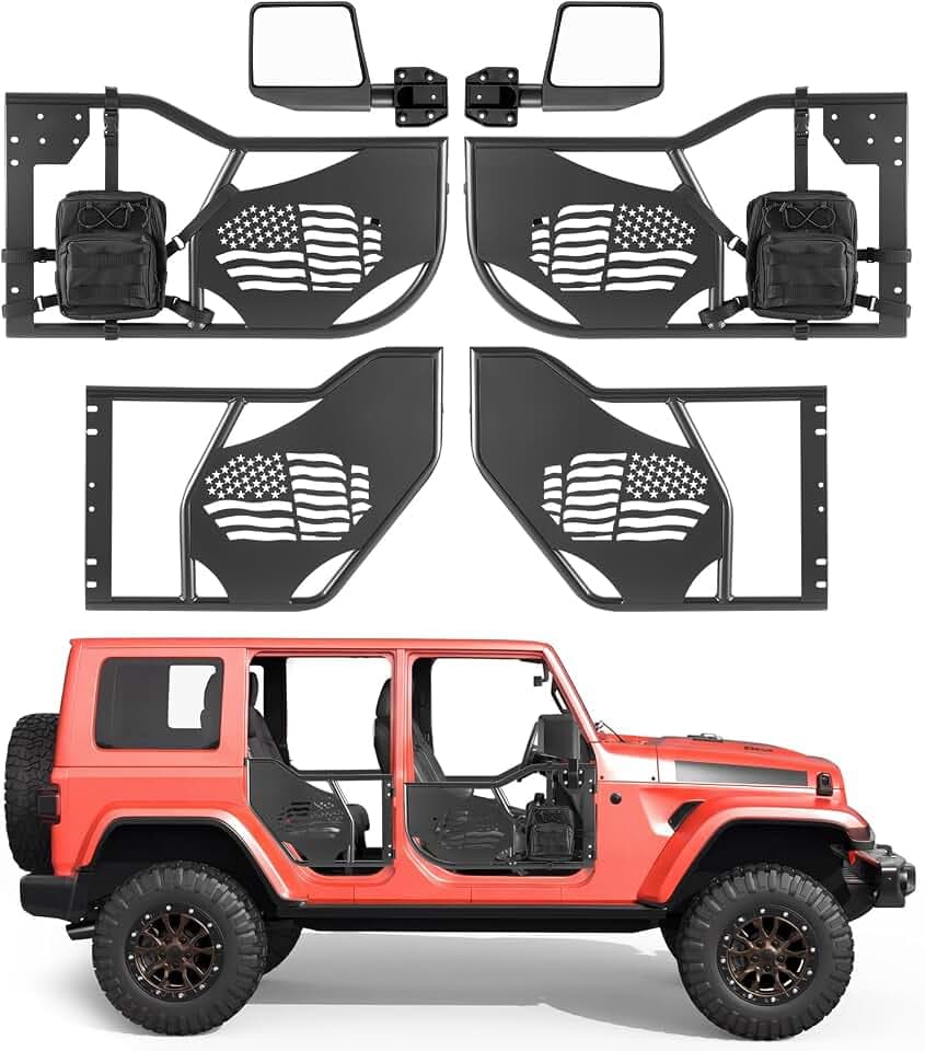 VEVOR Jeep Tube Doors, 4-Door, Fit for 2018-2026 Jeep Wrangler JL & 2020-2026 Gladiator JT, Flag Pattern Off Road Front & Rear Tubular Half Doors with DOT Certified Side View Mirrors and Storage Bag