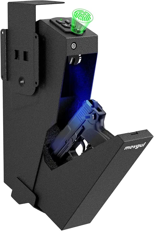 Gun Safe, Biometric Drop Down Bedside Gun Safe Quick Access Handgun Safe Mount Pistol Safe for Desk, Car, Nightstand