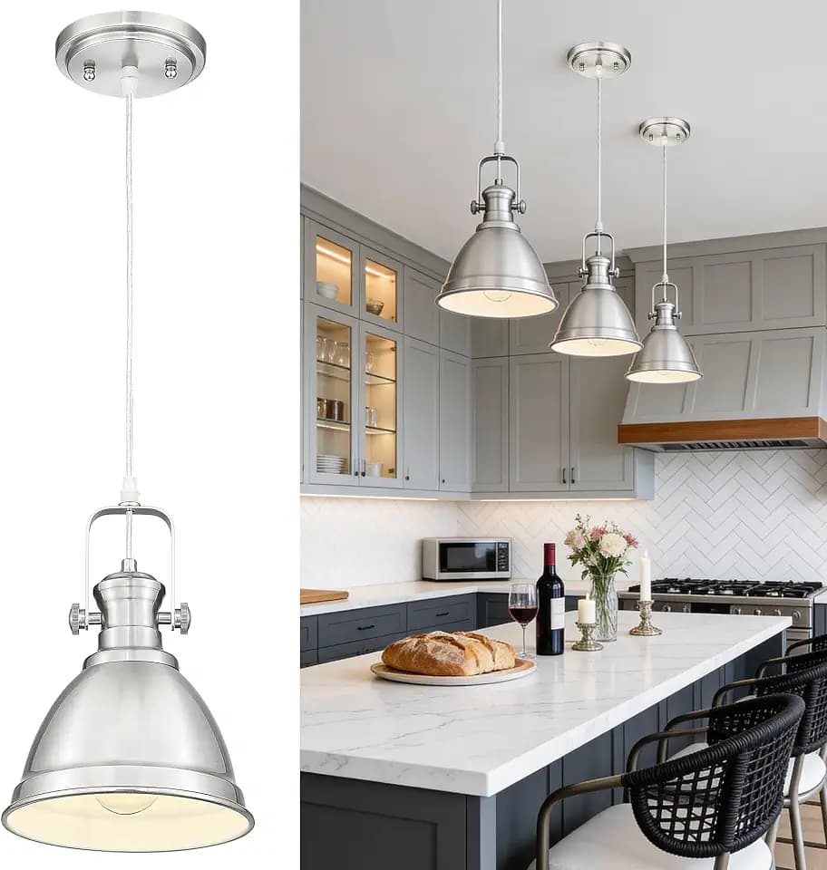 Pendant Lights Kitchen Island, 8" Farmhouse Hanging Lights Fixtures with Metal Shade, Rustic Kitchen Pendant Lighting Over Island for Dining Room, Brushed Nickel, AD-2151-1PM-SN