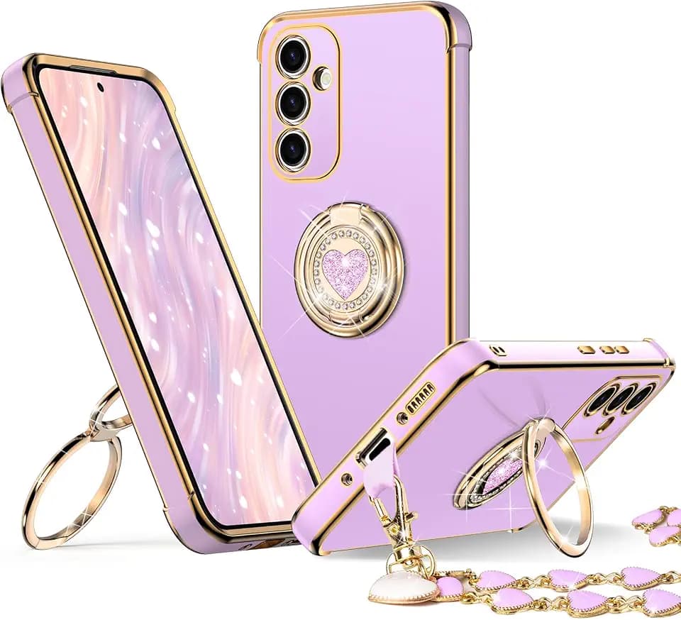 XYZ for Samsung Galaxy A14 5G Protective Phone Case with Stand, Purple | Case with Double Ring, Women Girls, Bling Luxury, Heart