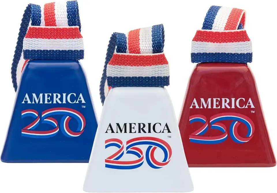 Bevin Bells Long Distance Cow Bells 10LD - America’s 250th Anniversary | Steel Cowbells in Red, White & Blue w/Tricolor Strap | Loud Noise Makers | Christmas Bells | Easier to Hold | Made in CT, USA