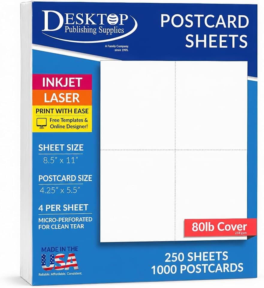 Heavyweight Blank Perforated Postcards for Printing - 250 Sheets/1000 Printable 4up Postcards, White 80lb(218gsm) 4.25" x 5.5" Cardstock Postcard Paper 4 per sheet for Mailing Marketing Invitations