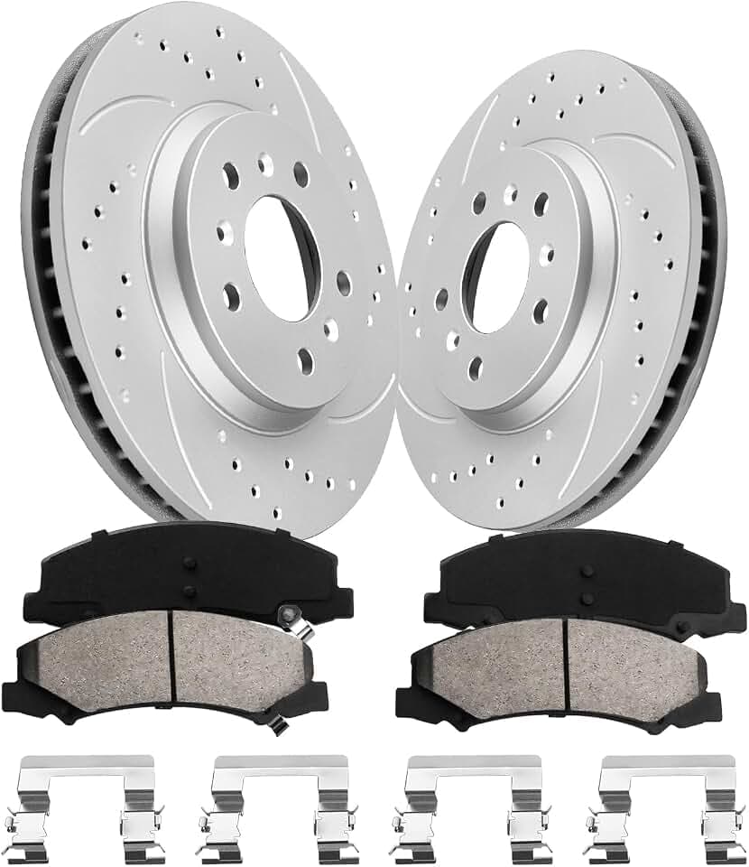 Front Brake Pads and Rotors Kit for Impala [ 2006-2013 ], Geomet Coated Brake Kit, Drilled and Slotted Brake Rotors Pads [ 11.9in ], Automotive Replacement Brake Kits 55126 D1159