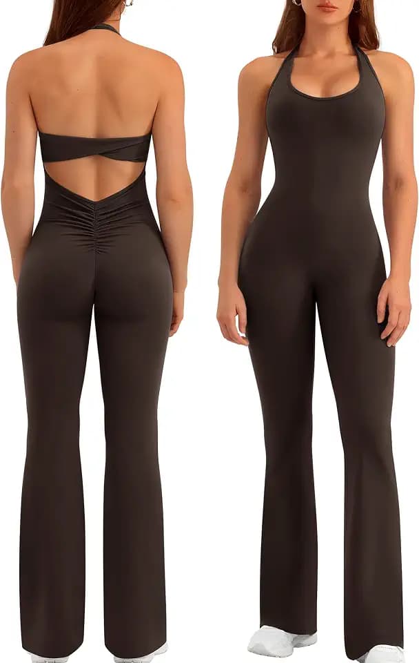 Relety Womens Flare Jumpsuits One Piece Halter Butt Scrunch Workout Romper