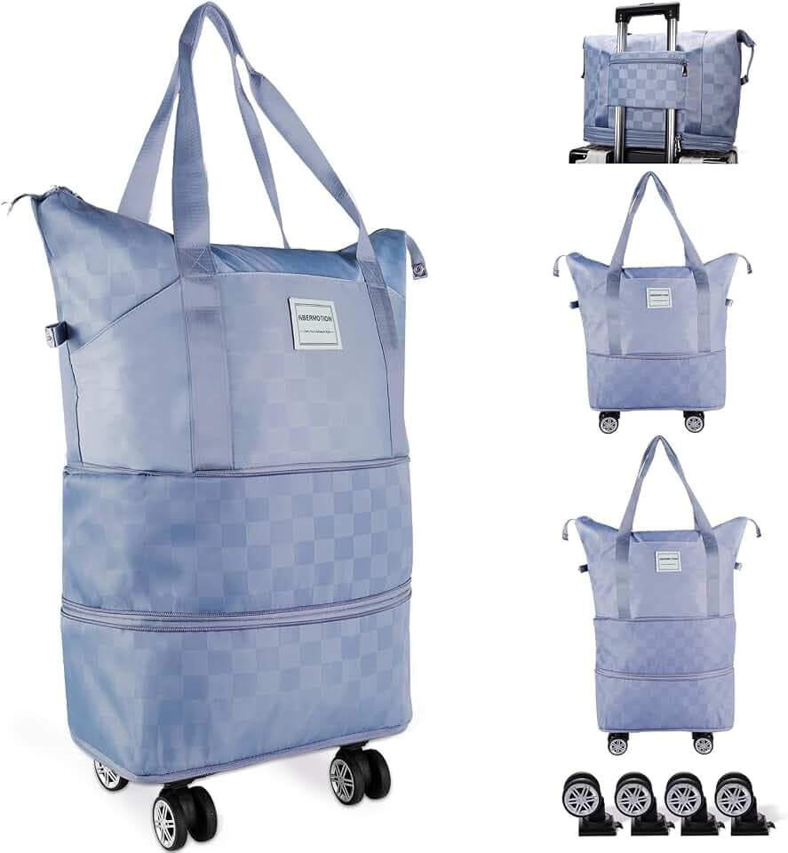 Expandable Rolling Duffle Bag - Large Carry-On With Spinner Wheels, Foldable Weekend Travel Bag, 28-58L Capacity（A-Blue）