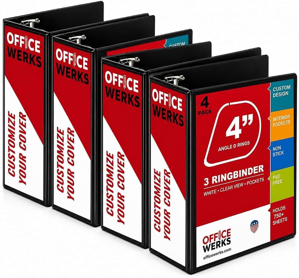 4 Inch Locking D-Ring View Binder, 3 Ring Heavy Duty (4 Pack) - Black