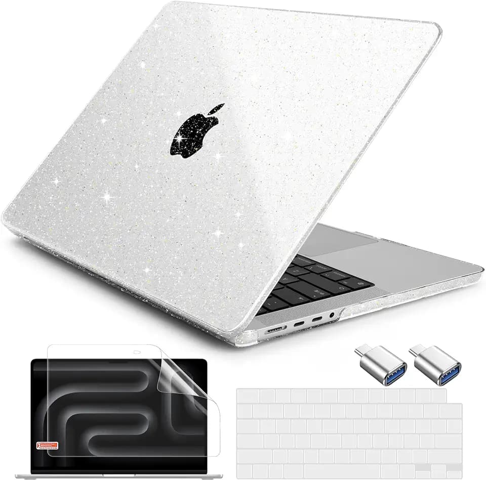 DONGKE Glitter Case for MacBook Pro 16 inch 2026 2025 2024 [M5 M4 Pro/Max Chip] Model A3429 A3428 A3403 A3186, Bling Protective Plastic Hard Shell & Keyboard Cover & Screen Film - Sparkly Clear