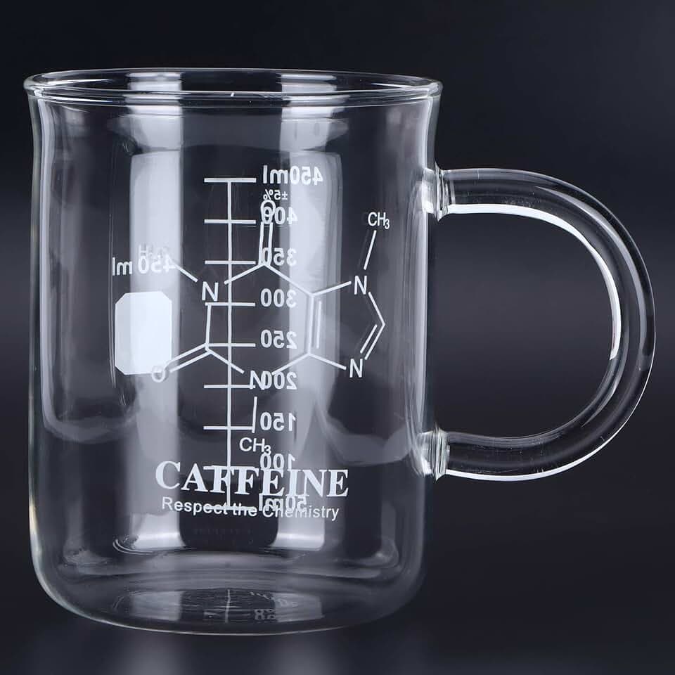 Glasbecherbecher, 450 Ml/16oz, Abgestufter, Lustiger Borosilikatbecherbecher Mit Henkel, Kaffeetassenskala Und Koffein-Moleküldiagramm Für Biologie- Und Chemieliebhaber