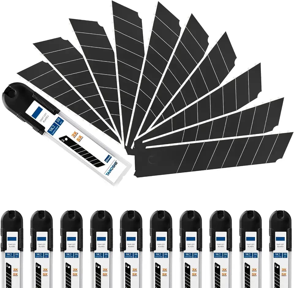 TANOSHII 25mm Utility Knife Blades, 100-Pack｜7-Segment Snap-Off｜ SK2 Blackened Steel｜Replacement Blades for Retractable Box Cutters, Multi-Purpose Cutting Tool Refills, 10pcs x 10c