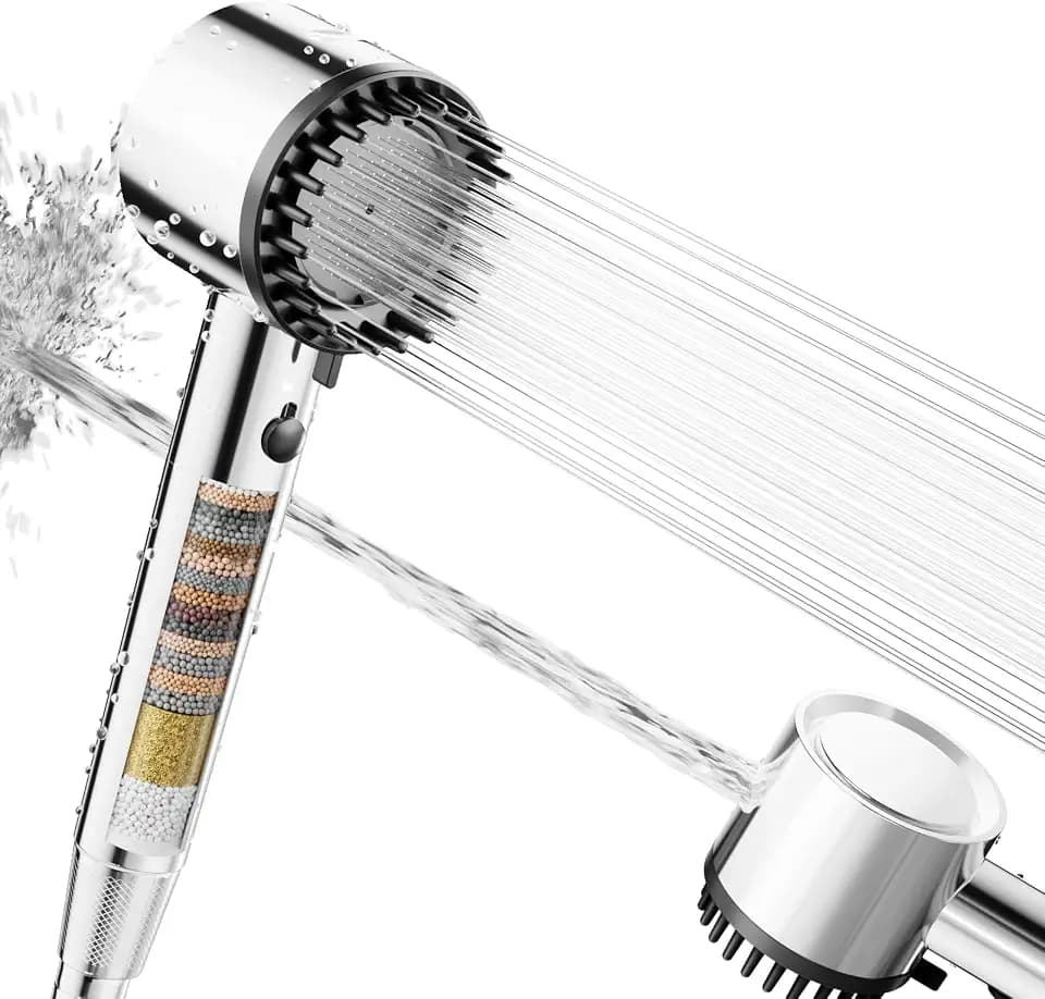 Cobbe Duschkopf mit Filter, Hochdruck Handbrause mit Filtration in 20 Schichten, 5 Strahlarten Duschbrause mit 1,5M Schlauch, Sparduschkopf Wassersparend für Hartes Wasser,Rest-Chlor,Bakterien(Chrom)