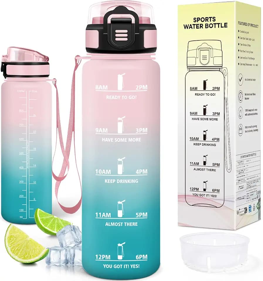 Motswedi Trinkflasche 1l, mit Filter, Sport Trinkflasche, Auslaufsicher, Wasserflasche 1 liter, mit Zeitstempel, Sportflasche für Yoga Fahrrad, Outdoors, Rosa & Grün