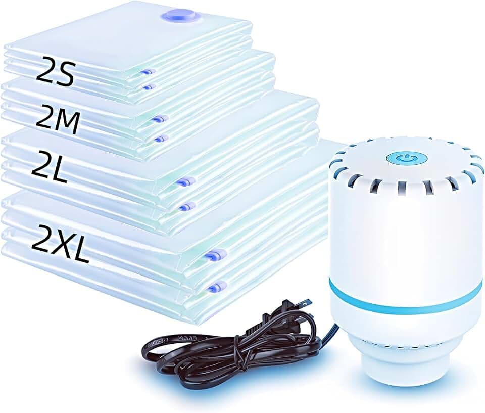 Vakuumbügel für Kleidung Reise - 8er Set mit Elektropumpe, 2 S(40x60cm), 2 M (50x70cm), 2 L(60x80cm), 2 XL(80x100cm),Für Kleidung, Decken, Bettdecken, Kissen, Steppdecken, Reisen