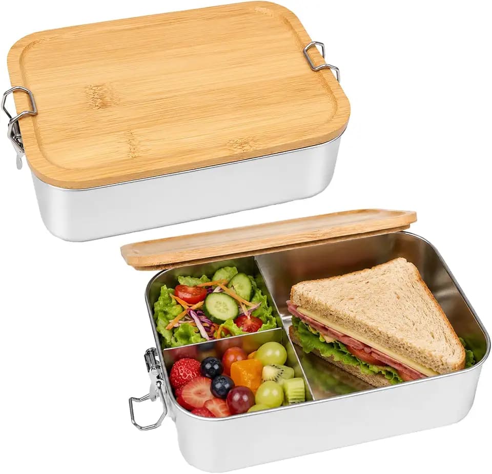 2 Stück Brotdose Edelstahl mit Fächern und Bambusdeckel,1200ml