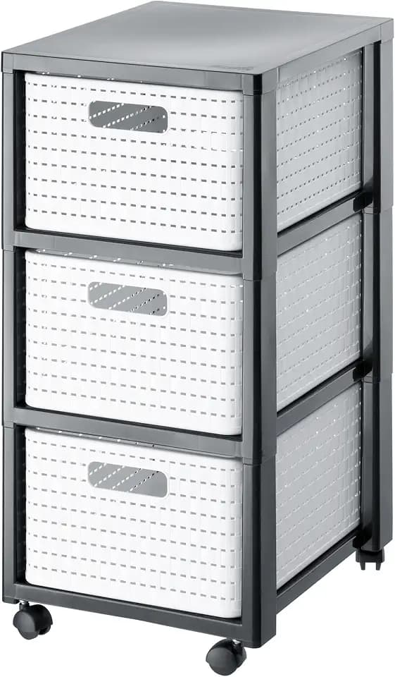 Rotho Country Rollcontainer mit 3 Schubladen in Rattan-Optik, Kunststoff (PP) BPA-frei, weiss, 3 x A4/18l (37.5 x 32.5 x 71.2 cm)