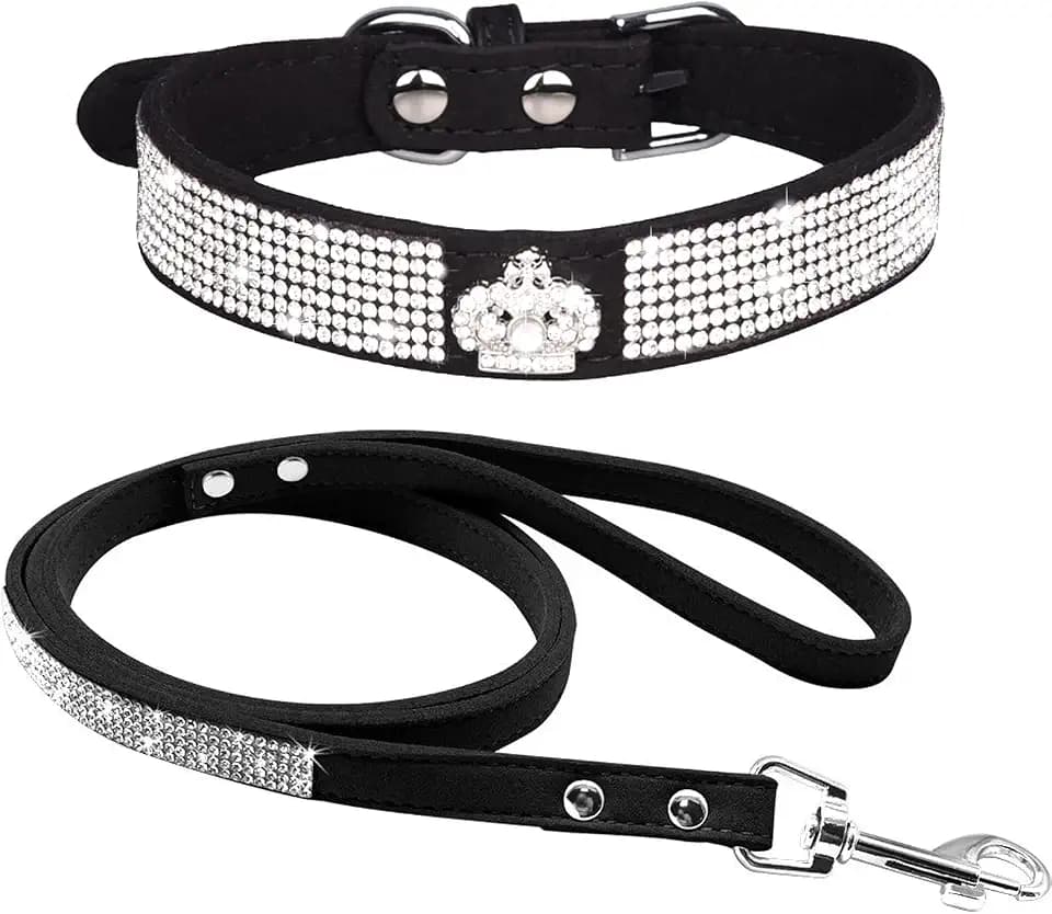 Cute Dazzling Sparkling Elegant Fancy Soft Suede Leather Bling Rhinestone Crystal Jeweled Pet Cat Dog Puppy Collar Dog Leash Combo Set (S, Black-5)